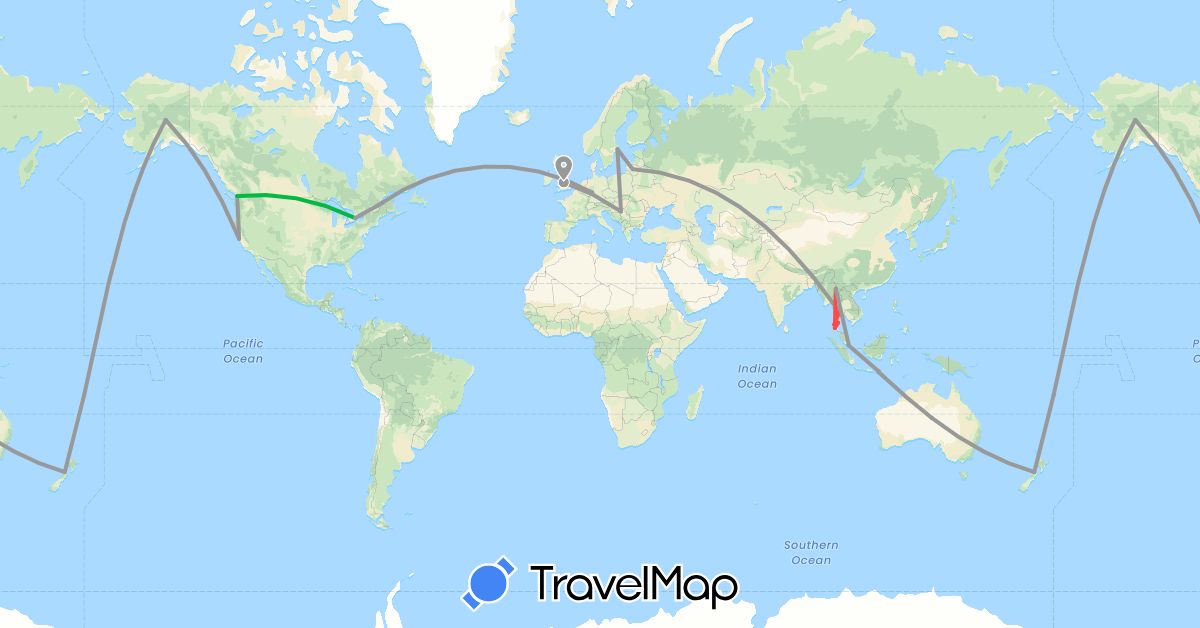 TravelMap itinerary: bus, plane, hiking in Australia, Canada, Germany, United Kingdom, Indonesia, Lithuania, New Zealand, Sweden, Singapore, Slovakia, Thailand, United States (Asia, Europe, North America, Oceania)