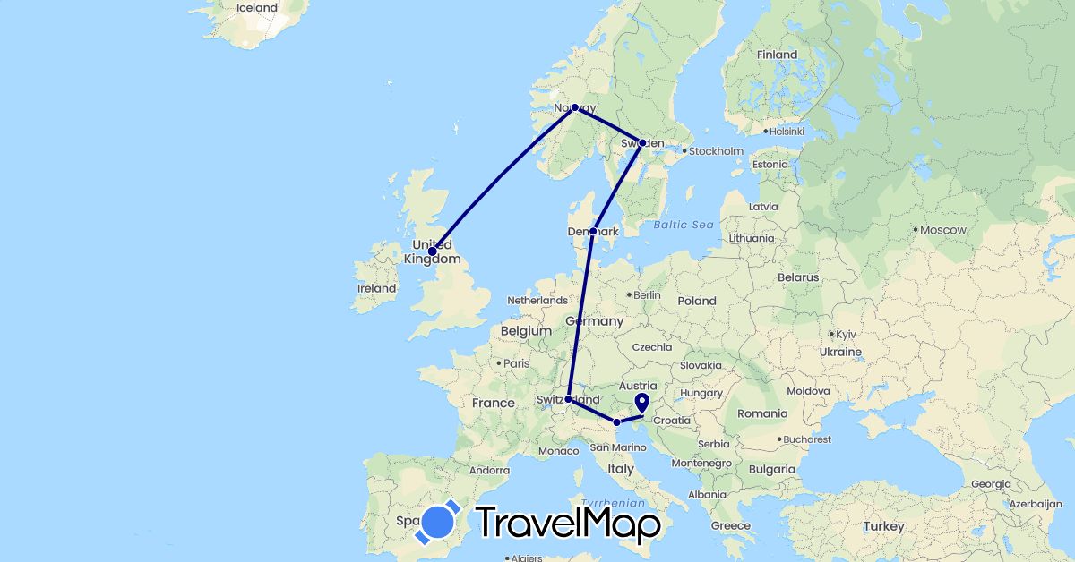 TravelMap itinerary: driving in Switzerland, Denmark, United Kingdom, Italy, Norway, Sweden, Slovenia (Europe)